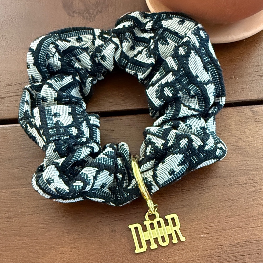 Upcycled Dior Black & White Logo Jacquard Scrunchie with Gold Charm